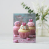 Pinke Cupcakes mit Herzen Valentinstag ポストカード (スタンド正面)