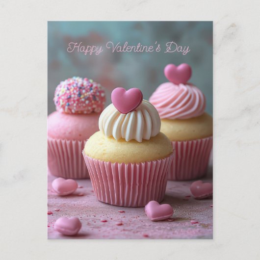 Pinke Cupcakes mit Herzen Valentinstag ポストカード (正面)