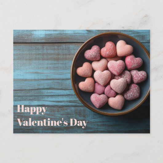 Pinke Herzen in Schale Valentinstag ポストカード (正面)