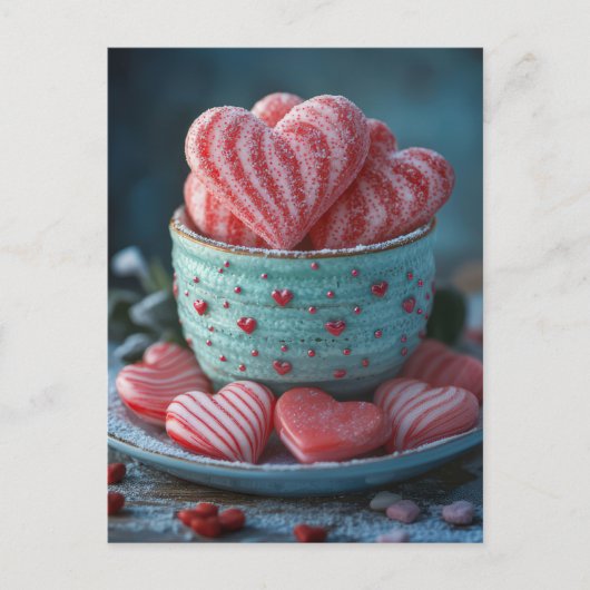 Pinke Herzen in Schüssel Valentinstag ポストカード (正面)