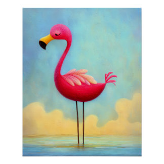 pinker Flamingo im blauen Wasser - Cartoon Stil ポスター
