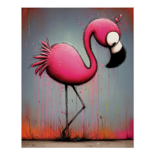 pinker Flamingo mit großen Augen - Cartoon Stil ポスター (正面)