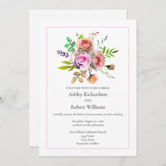 PinkWatercolorフローラ結婚の 招待状 (正面/裏面)