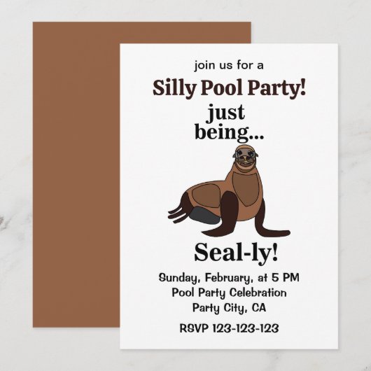 Pinnipeds Seal Funny Pool Party 招待状 (正面/裏面)