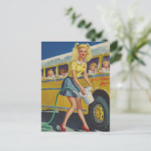 Pinup Retro Woman Washing a Yellow School Bus ポストカード (スタンド正面)