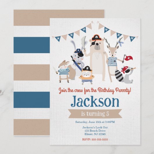 Pirate Animals Themed Birthday Party Invitation 招待状 (正面/裏面)