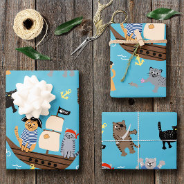Pirate Cat Pattern for Boy and Girl Kids Birthday ラッピングペーパーシート