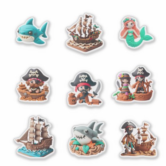 pirate characters shark boat octopus pirate mermai シール (正面)