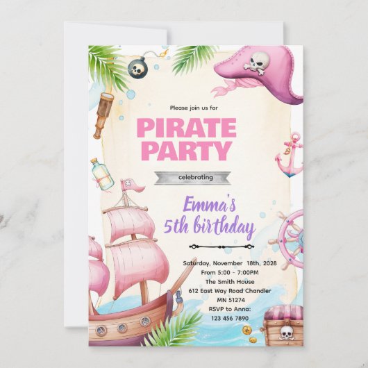 Pirate girl birthday theme invitation 招待状 (正面)