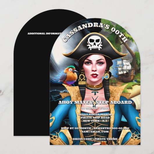 Pirate girl colorful bird island theme party 招待状 (正面/裏面)