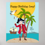 Pirate kid birthday party ポスター<br><div class="desc">This product is for kids that love pirates and piracy stories. It features a cute little pirate boy that has arrived on this island with palm trees. There’s a pirate ship in the horizon waiting for him to return with a treasure! Seagulls are watching. This product is ideal for a...</div>