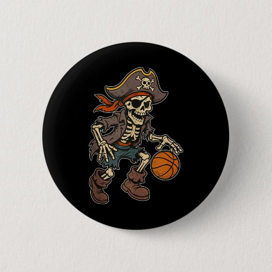 Pirate Skeleton Basketball Halloween Pirate Costum 缶バッジ (正面)