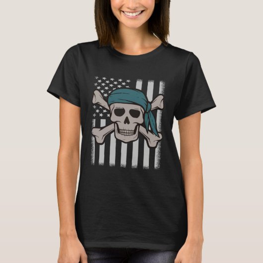 Pirate Skull American Flag Halloween Party Costume Tシャツ (正面)
