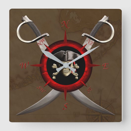 Pirate Skull Compass Rose スクエア壁時計 (正面)