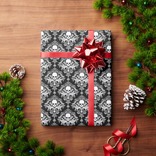 Pirate Skull Damask Wrapping Paper ラッピングペーパー (クリスマスギフト)