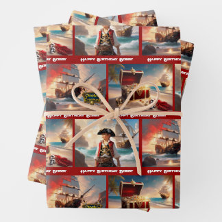 Pirate Treasure Boy's Birthday Personalize Name 3 ラッピングペーパーシート