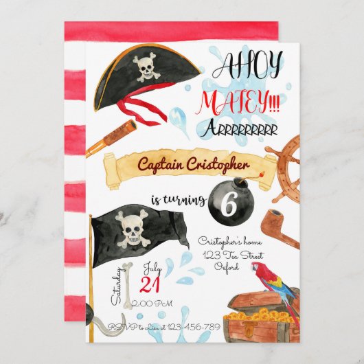 Pirates Birthday Invitation, Pirates Invitation 招待状 (正面/裏面)
