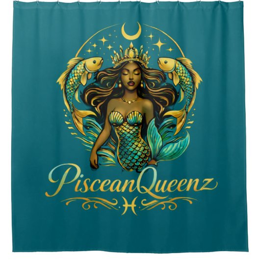 Piscean Queen Teal Shower Curtain シャワーカーテン (正面)