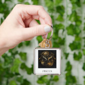 Piscesキーチェーンブラックと金ゴールド〔占星術の〕十二宮図サインのギフト キーホルダー (手)