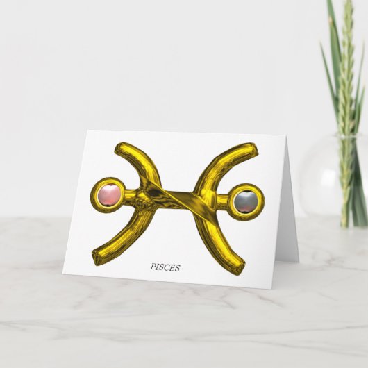 PISCESピンクホワイトパール&金ゴールド〔占星術の〕十二宮図誕生日 カード (正面)