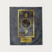 Pisces暗い〔占星術の〕十二宮図星占い：黒い金ゴールド名 タペストリー (正面)