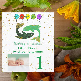 Pisces最初の誕生日金ゴールド、バルーン&写真 招待状