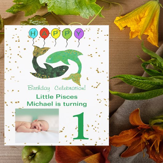 Pisces最初の誕生日金ゴールド、バルーン&写真 招待状
