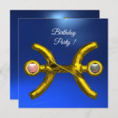 PISCES金ゴールドアクアブルー〔占星術の〕十二宮図バースデーパーティー 招待状 (正面/裏面)