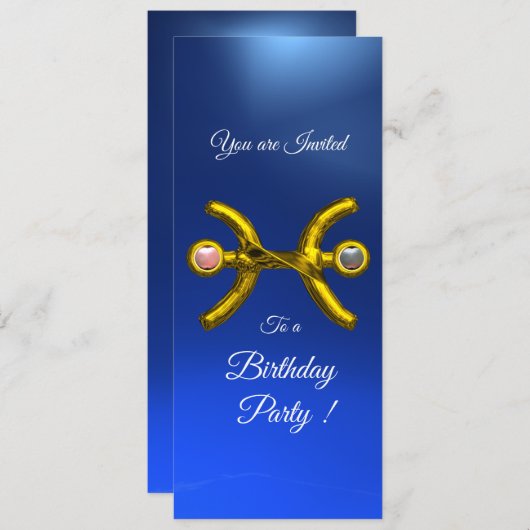 PISCES金ゴールドアクアブルー〔占星術の〕十二宮図バースデーパーティー 招待状 (正面/裏面)