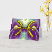 PISCES金ゴールド〔占星術の〕十二宮図誕生日サイン、ホワイトピンク真珠 カード (黄色い花)