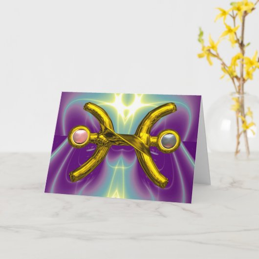 PISCES金ゴールド〔占星術の〕十二宮図誕生日サイン、ホワイトピンク真珠 カード (黄色い花)