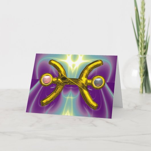 PISCES金ゴールド〔占星術の〕十二宮図誕生日サイン、ホワイトピンク真珠 カード (正面)