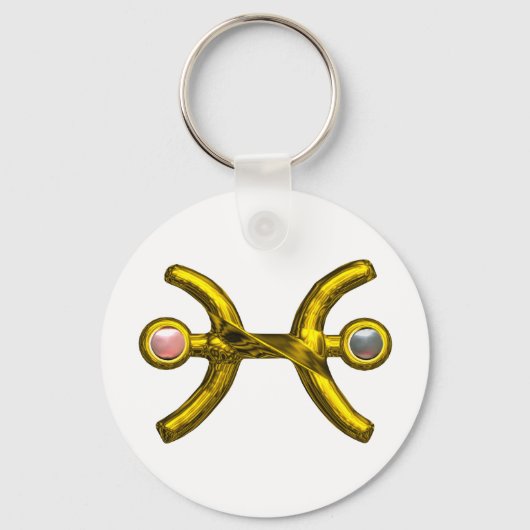 PISCES金ゴールド〔占星術の〕十二宮図誕生日サイン、ホワイトピンク真珠 キーホルダー (正面)