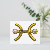 PISCES金ゴールド〔占星術の〕十二宮図誕生日サイン、ホワイトピンク真珠 ポストカード (スタンド正面)