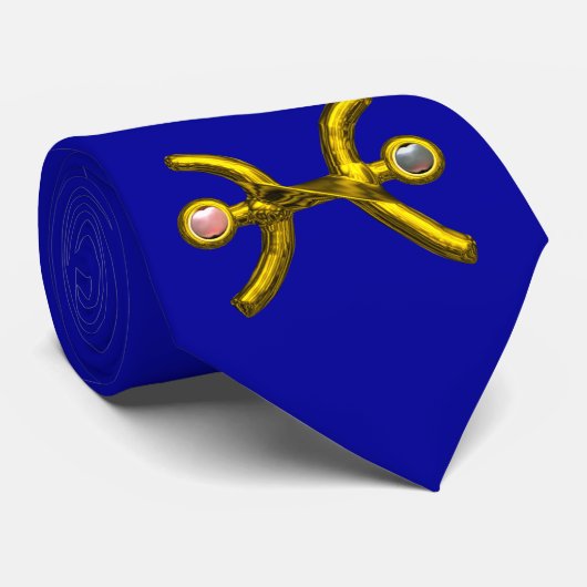 PISCES金ゴールド〔占星術の〕十二宮図誕生日標識、真珠、青 ネクタイ (ロール)
