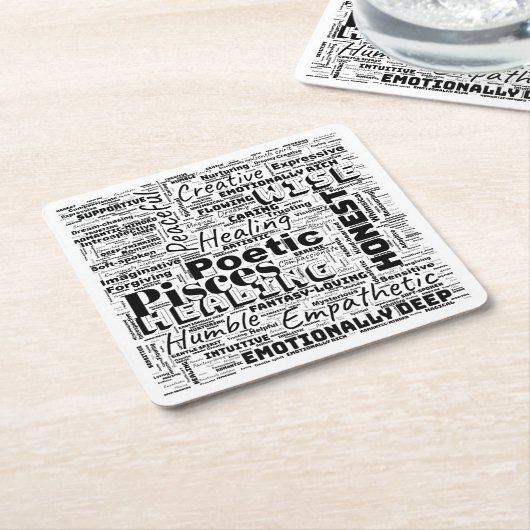 Pisces〔占星術の〕十二宮図ワードクラウドインスピレーション スクエアペーパーコースター (アングル)