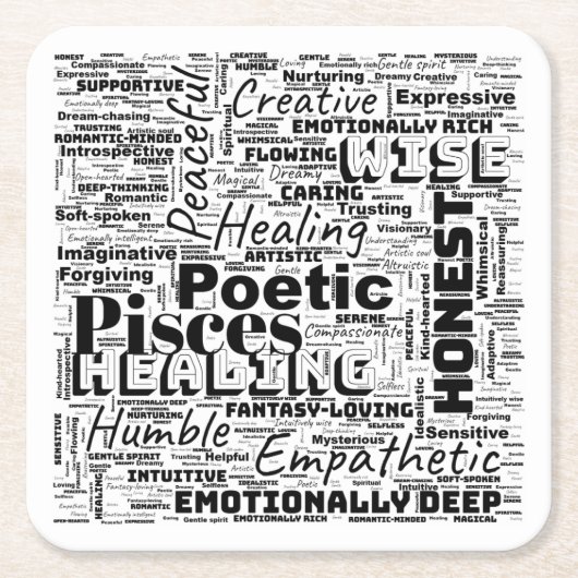 Pisces〔占星術の〕十二宮図ワードクラウドインスピレーション スクエアペーパーコースター (正面)