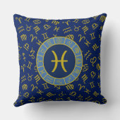 Pisces〔占星術の〕十二宮図+星占い記号パターン金ゴールド+ブルース クッション (裏面)