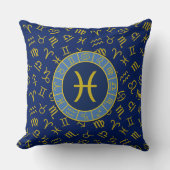 Pisces〔占星術の〕十二宮図+星占い記号パターン金ゴールド+ブルース クッション (正面)