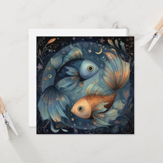 Pisces Fish Zodiac Astrology Celestial Birthday カード (正面/裏面インサイチュ)