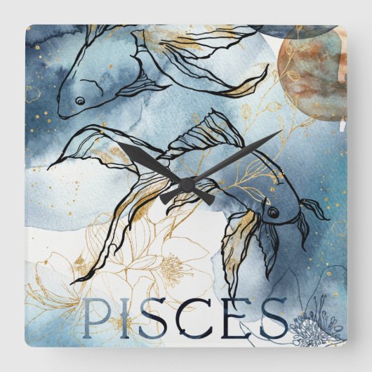 Pisces twin fish zodiac black gold flowers planets スクエア壁時計 (正面)