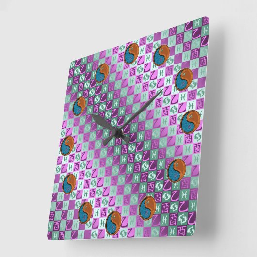 Pisces & Wood Rooster スクエア壁時計 (傾斜)