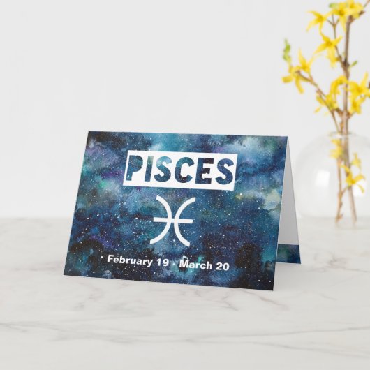 Pisces Zodiac Blue Watercolor Galaxy Birthday カード (黄色い花)