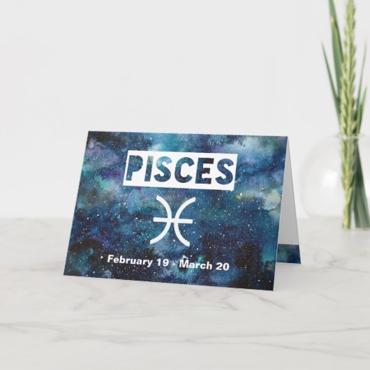 Pisces Zodiac Blue Watercolor Galaxy Birthday カード (正面)