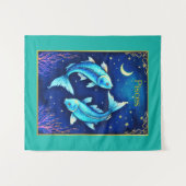 Pisces Zodiac Fish Swimming in Cosmic Waters タペストリー (正面(横))