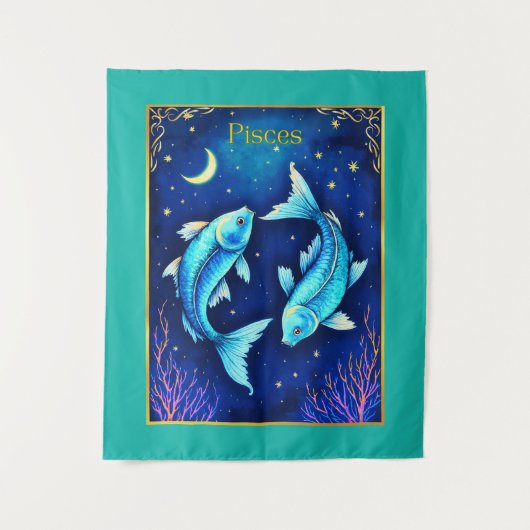 Pisces Zodiac Fish Swimming in Cosmic Waters タペストリー (正面)
