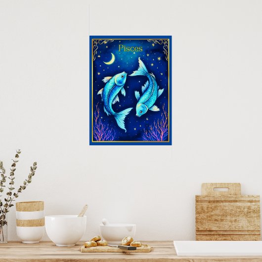 Pisces Zodiac Fish Swimming in Cosmic Waters ポスター (キッチン)