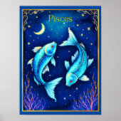 Pisces Zodiac Fish Swimming in Cosmic Waters ポスター (正面)