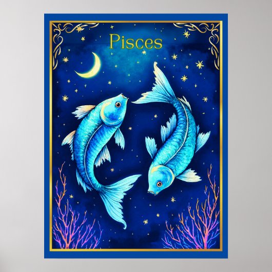 Pisces Zodiac Fish Swimming in Cosmic Waters ポスター (正面)