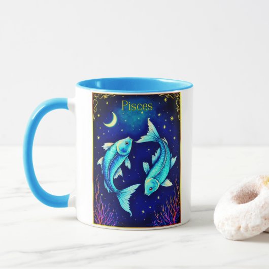 Pisces Zodiac Fish Swimming in Cosmic Waters マグカップ (ドーナツ)